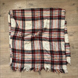 Plaid Blanket Scarf Orange Red Navy and Cream